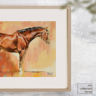 Abstract oil painting of a handome bay horse by equine artist Jennifer Pratt - matted print mockup detail