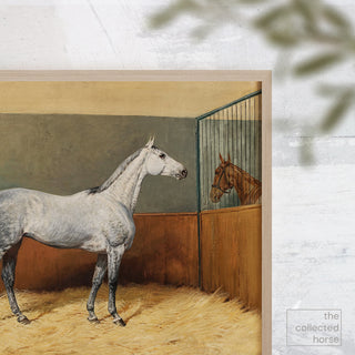 Vintage equestrian art print of a dappled gray horse in a wood frame.