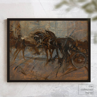 Expressive vintage painting of horses pulling a carriage by Giovanni Boldini - framed wall art paper print mockup