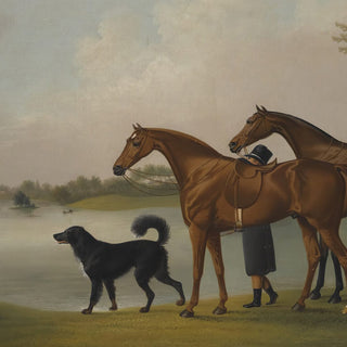 Vintage equestrian painting of two hunter horses and a dog walking along a lake - horse and dog detail