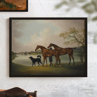 Vintage equestrian painting of two hunter horses and a dog walking along a lake - framed canvas print mockup