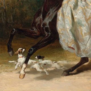 Vintage painting of an aristocratic woman riding on a black horse with two dogs nearby - dog detail