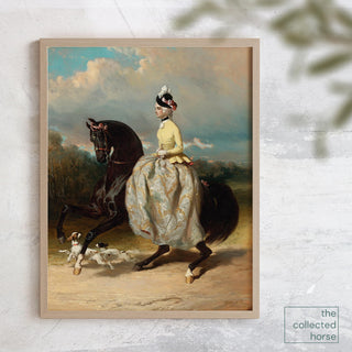 Vintage painting of an aristocratic woman riding on a black horse with two dogs nearby - framed art print mockup
