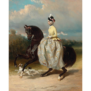 Vintage painting of an aristocratic woman riding on a black horse with two dogs nearby