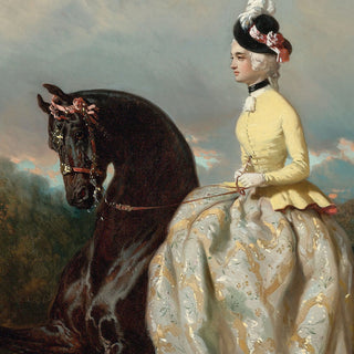 Vintage painting of an aristocratic woman riding on a black horse with two dogs nearby - rider detail