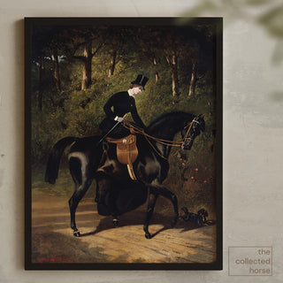 Vintage equestrian painting of a woman riding a black horse with her dog running alongside her - framed canvas print mockup