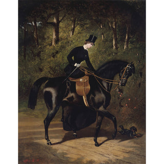 Vintage equestrian painting of a woman riding a black horse with her dog running alongside her