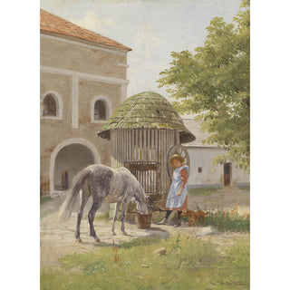 Vintage equestrian painting of a young girl standing near a well with her pony and dog