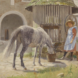 Vintage equestrian painting of a young girl standing near a well with her pony and dog - horse and girl detail