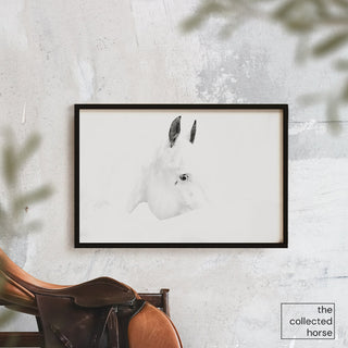 Minimalist equine photography art print of a white horse by Carolin Felgner - framed wall art mockup with saddle