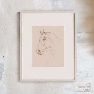 Minimalist equestrian sketch of a horse portrait by equine artist Danielle Demers - wall art print mockup