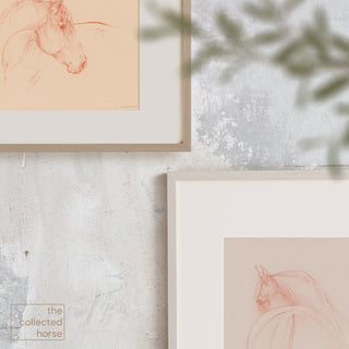Soft warm minimalist equestrian art sketch of a horse by equine artist Danielle Demers - framed print collection mockup