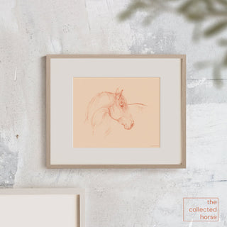 Soft warm equestrian art portrait drawing by Danielle Demers - matted wall art print mockup in wood frame