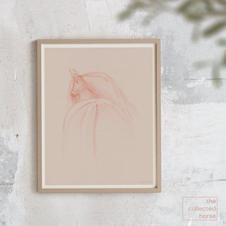 Soft warm minimalist equestrian art sketch of a horse by equine artist Danielle Demers - framed wall art print mockup