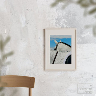 Fine art photography print of a gray horse against a blue sky by Morgan German - framed matted giclée wall art mockup