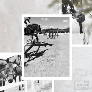 Black and white equine photography art print of a horse jumping over an oxer by Morgan German - paper giclée mockup