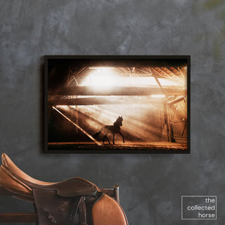 Dramatic fine art photo of a horse inside a dusty arena by Janine Ulbrich - wall art print mockup with saddle