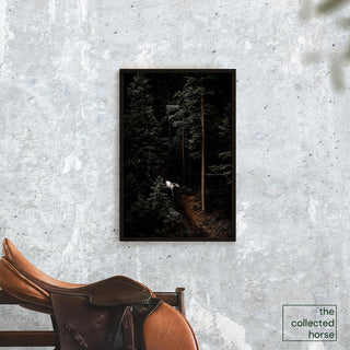 Fine art photography print of a gray horse in a dark forest by Janine Ulbrich - wall print mockup