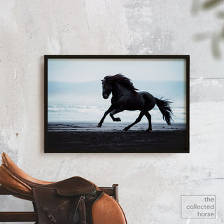 Fine art photography print of an Icelandic horse on a black sand beach by Janine Ulbrich - wall art print mockup
