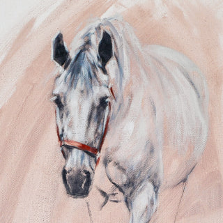 Minimalist equine art print of a gray horse against a painterly pink background by Jennifer Pratt - horse head detail