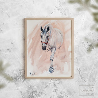 Minimalist equine art print of a gray horse against a painterly pink background by Jennifer Pratt - framed wall art mockup
