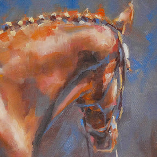 Paintery art print of a chestnut dressage horse by equine artist Jennifer Pratt - horse head detail