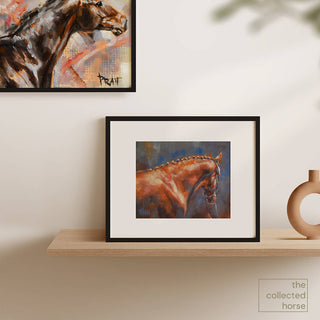 Paintery art print of a chestnut dressage horse by equine artist Jennifer Pratt - framed wall art mockup