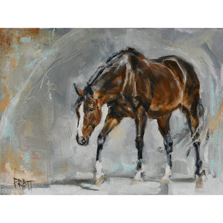 Painterly equine art print of a dark bay horse in motion by Jennifer Pratt