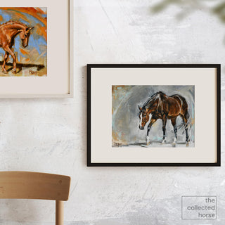 Painterly equine art print of a dark bay horse in motion by Jennifer Pratt - matted framed wall art mockup