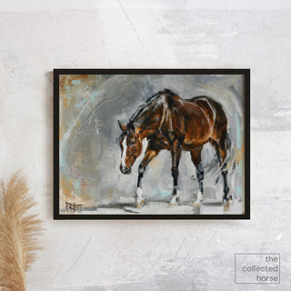 Painterly equine art print of a dark bay horse in motion by Jennifer Pratt - framed equestrian wall art mockup