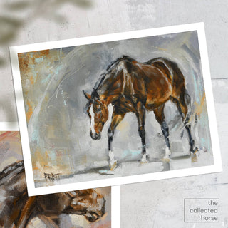 Painterly equine art print of a dark bay horse in motion by Jennifer Pratt - paper