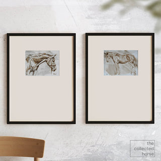 Minimalist oil paint sketch portrait of a Dutch warmblood mare by equine artist Jennifer Pratt - framed wall art set mockup