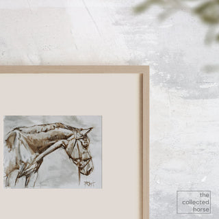 Minimalist oil paint sketch portrait of a Dutch warmblood mare by equine artist Jennifer Pratt - framed wall art mockup