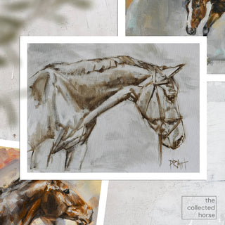 Minimalist oil paint sketch portrait of a Dutch warmblood mare by equine artist Jennifer Pratt - paper mockup