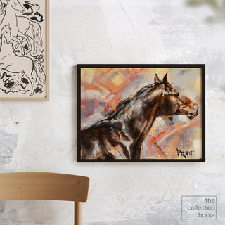 Colorful horse art painting of a dark bay by equine artist Jennifer Pratt - framed wall art mockup