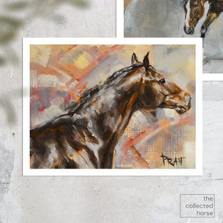 Colorful horse art painting of a dark bay by equine artist Jennifer Pratt - paper mockup