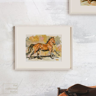 Colorful painterly horse art print of a bay horse in motion by equine artist Jennifer Pratt - framed print with saddle