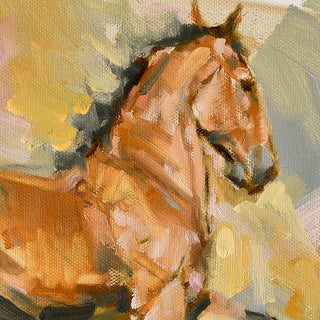 Colorful painterly horse art print of a bay horse in motion by equine artist Jennifer Pratt - horse head detail