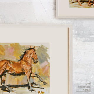 Colorful painterly horse art print of a bay horse in motion by equine artist Jennifer Pratt - framed matted print mockup