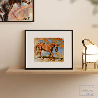 Colorful painting of a chestnut horse with braids by equine artist Jennifer Pratt - framed matted print mockup