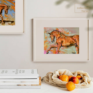 Painterly equine art print of a chestnut horse in motion by Jennifer Pratt - framed print mockup