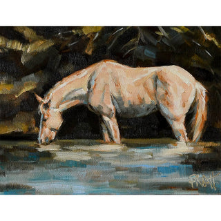 Gestural painting of a roan horse drinking from a river by equine artist Jennifer Pratt