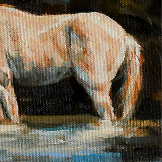 Gestural painting of a roan horse drinking from a river by equine artist Jennifer Pratt - paint detail