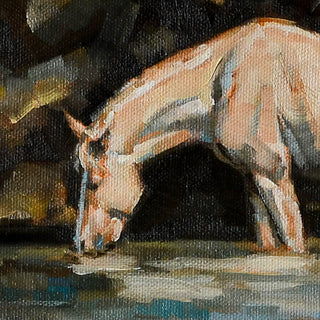 Gestural painting of a roan horse drinking from a river by equine artist Jennifer Pratt - horse head detail