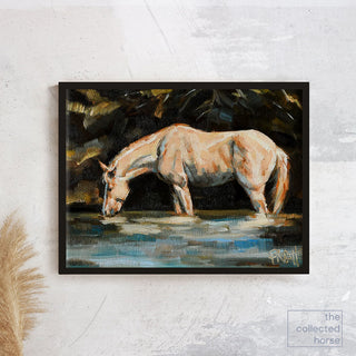 Gestural painting of a roan horse drinking from a river by equine artist Jennifer Pratt - large framed canvas print mockup