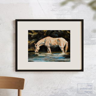 Gestural painting of a roan horse drinking from a river by equine artist Jennifer Pratt - framed wall art mockup