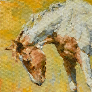 Colorful equine art print of a paint horse in a yellow field by Jennifer Pratt - horse head detail