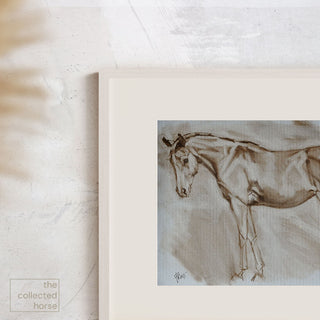 Minimalist oil sketch of a yearling horse against a blue background by equine artist Jennifer Pratt - framed wall art mockup