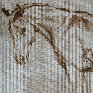 Minimalist oil sketch of a yearling horse against a blue background by equine artist Jennifer Pratt - horse head detail