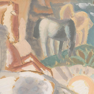 Vintage modernist painting of horses in a landscape in pastel colors by Leo Gestel - horse background detail